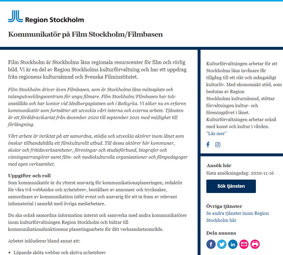 Skärmbild från Region Stockholms rekryteringsplattform.